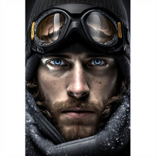 Lade das Bild in den Galerie-Viewer, Leinwandbild Abenteuerlicher Mann mit eisblauen Augen im Schnee Hochformat