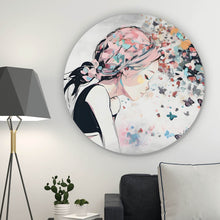 Lade das Bild in den Galerie-Viewer, Aluminiumbild gebürstet Abstraktes Mädchen mit Schmetterlingen Kreis
