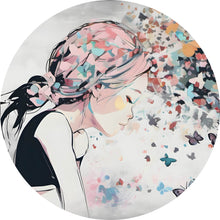 Lade das Bild in den Galerie-Viewer, Aluminiumbild gebürstet Abstraktes Mädchen mit Schmetterlingen Kreis