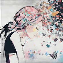 Lade das Bild in den Galerie-Viewer, Aluminiumbild gebürstet Abstraktes Mädchen mit Schmetterlingen Quadrat