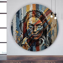 Lade das Bild in den Galerie-Viewer, Aluminiumbild gebürstet Abstraktes Frauenporträt mit Kopfhörern Kreis