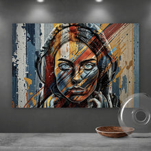 Lade das Bild in den Galerie-Viewer, Aluminiumbild gebürstet Abstraktes Frauenporträt mit Kopfhörern Querformat