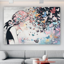Lade das Bild in den Galerie-Viewer, Leinwandbild Abstraktes Mädchen mit Schmetterlingen Querformat