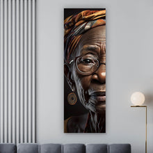 Lade das Bild in den Galerie-Viewer, Acrylglasbild Ältere Frau mit Brille und buntem Kopftuch Panorama Hoch