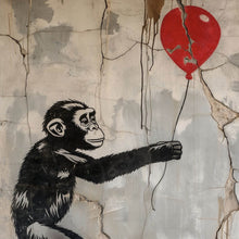 Lade das Bild in den Galerie-Viewer, Aluminiumbild gebürstet Affe hält roten Ballon Street Art Quadrat
