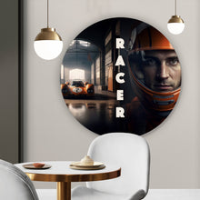 Lade das Bild in den Galerie-Viewer, Aluminiumbild gebürstet Alter Rennwagen und Fahrer mit Helm Kreis