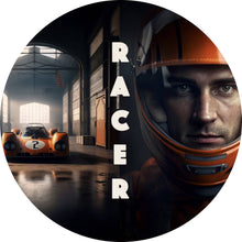 Lade das Bild in den Galerie-Viewer, Aluminiumbild gebürstet Alter Rennwagen und Fahrer mit Helm Kreis