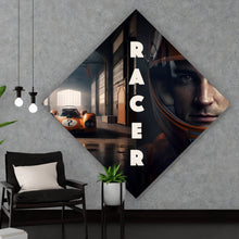 Lade das Bild in den Galerie-Viewer, Aluminiumbild gebürstet Alter Rennwagen und Fahrer mit Helm Raute