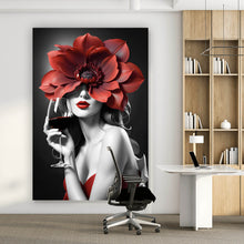 Lade das Bild in den Galerie-Viewer, Aluminiumbild Anmutiges Frauenportrait mit Rotweinglas Hochformat