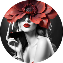 Lade das Bild in den Galerie-Viewer, Aluminiumbild gebürstet Anmutiges Frauenportrait mit Rotweinglas Kreis