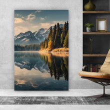 Lade das Bild in den Galerie-Viewer, Aluminiumbild gebürstet Atemberaubende Landschaft mit Bergen und See Hochformat