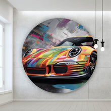 Lade das Bild in den Galerie-Viewer, Aluminiumbild gebürstet Auffälliger bunter Rennwagen Abstrakt Kreis