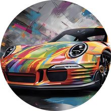 Lade das Bild in den Galerie-Viewer, Aluminiumbild gebürstet Auffälliger bunter Rennwagen Abstrakt Kreis