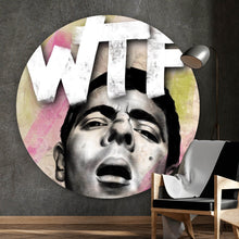 Lade das Bild in den Galerie-Viewer, Aluminiumbild gebürstet Ausdrucksstarke Illustration mit großem WTF Schriftzug Kreis