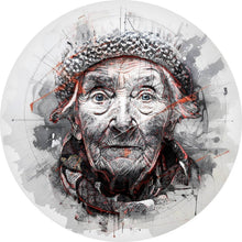 Lade das Bild in den Galerie-Viewer, Aluminiumbild gebürstet Ausdrucksstarkes Porträt einer älteren Frau künstlerisch gestaltet Kreis