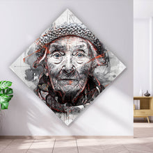 Lade das Bild in den Galerie-Viewer, Aluminiumbild gebürstet Ausdrucksstarkes Porträt einer älteren Frau künstlerisch gestaltet Raute