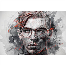 Lade das Bild in den Galerie-Viewer, Aluminiumbild Ausdrucksstarkes Porträt eines jungen Mannes künstlerisch gestaltet Querformat
