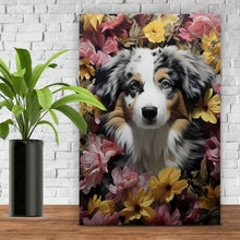 Lade das Bild in den Galerie-Viewer, Spannrahmenbild Australian Shepherd umgeben von Blumenmeer Hochformat