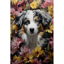 Lade das Bild in den Galerie-Viewer, Spannrahmenbild Australian Shepherd umgeben von Blumenmeer Hochformat