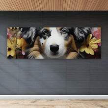Lade das Bild in den Galerie-Viewer, Aluminiumbild gebürstet Australian Shepherd umgeben von Blumenmeer Panorama