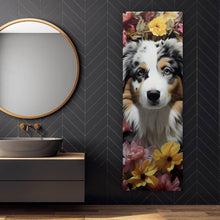 Lade das Bild in den Galerie-Viewer, Aluminiumbild gebürstet Australian Shepherd umgeben von Blumenmeer Panorama Hoch