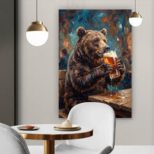 Lade das Bild in den Galerie-Viewer, Acrylglasbild Bär genießt Bier in rustikalem Ambiente Hochformat