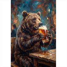 Lade das Bild in den Galerie-Viewer, Aluminiumbild Bär genießt Bier in rustikalem Ambiente Hochformat
