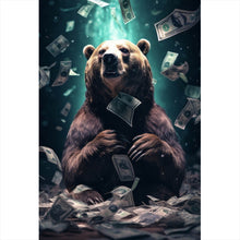 Lade das Bild in den Galerie-Viewer, Aluminiumbild gebürstet Bär umgeben von fliegenden Geldscheinen Hochformat