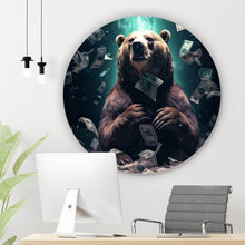 Lade das Bild in den Galerie-Viewer, Aluminiumbild Bär umgeben von fliegenden Geldscheinen Kreis