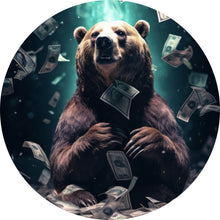 Lade das Bild in den Galerie-Viewer, Aluminiumbild gebürstet Bär umgeben von fliegenden Geldscheinen Kreis