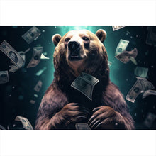 Lade das Bild in den Galerie-Viewer, Acrylglasbild Bär umgeben von fliegenden Geldscheinen Querformat