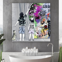 Lade das Bild in den Galerie-Viewer, Leinwandbild Banksy Graffitikunst hinter Vorhang Quadrat