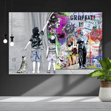 Lade das Bild in den Galerie-Viewer, Acrylglasbild Banksy Graffitikunst hinter Vorhang Querformat