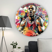 Lade das Bild in den Galerie-Viewer, Aluminiumbild Basketballspieler mit farbenfrohem Hintergrund Kreis