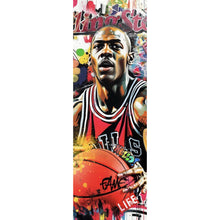 Lade das Bild in den Galerie-Viewer, Acrylglasbild Basketballspieler mit farbenfrohem Hintergrund Panorama Hoch