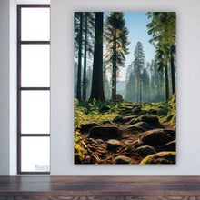Lade das Bild in den Galerie-Viewer, Acrylglasbild Beeindruckender Wald mit Bäumen in der Sonne Hochformat
