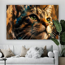 Lade das Bild in den Galerie-Viewer, Aluminiumbild gebürstet Beeindruckendes modernes Katzenportrait im Street Art Stil Querformat