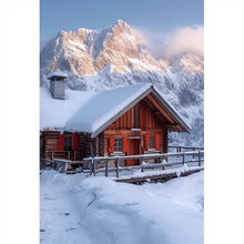 Lade das Bild in den Galerie-Viewer, Aluminiumbild Berghütte in verschneiter Alpenlandschaft bei Sonnenaufgang Hochformat