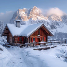 Lade das Bild in den Galerie-Viewer, Aluminiumbild Berghütte in verschneiter Alpenlandschaft bei Sonnenaufgang Quadrat