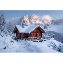 Lade das Bild in den Galerie-Viewer, Aluminiumbild Berghütte in verschneiter Alpenlandschaft bei Sonnenaufgang Querformat