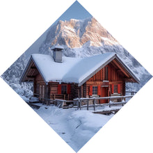 Lade das Bild in den Galerie-Viewer, Acrylglasbild Berghütte in verschneiter Alpenlandschaft bei Sonnenaufgang Raute