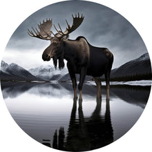 Lade das Bild in den Galerie-Viewer, Aluminiumbild gebürstet Berglandschaft mit See und Elch in Abendstimmung Kreis