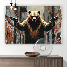 Lade das Bild in den Galerie-Viewer, Spannrahmenbild Bewaffneter Bär in schneebedeckter Stadtgasse Querformat