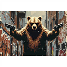 Lade das Bild in den Galerie-Viewer, Spannrahmenbild Bewaffneter Bär in schneebedeckter Stadtgasse Querformat