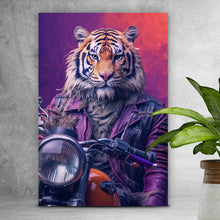 Lade das Bild in den Galerie-Viewer, Aluminiumbild Biker Tiger auf Motorrad Hochformat