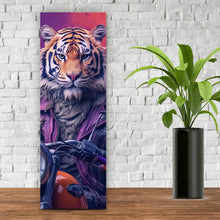 Lade das Bild in den Galerie-Viewer, Aluminiumbild gebürstet Biker Tiger auf Motorrad Panorama Hoch