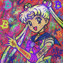 Lade das Bild in den Galerie-Viewer, Aluminiumbild Bitcoin buntes Pop Art to the Moon Quadrat