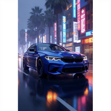 Lade das Bild in den Galerie-Viewer, Poster Blauer Sportwagen bei Nacht in der Stadt Hochformat