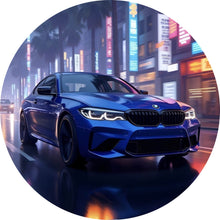 Lade das Bild in den Galerie-Viewer, Aluminiumbild Blauer Sportwagen bei Nacht in der Stadt Kreis