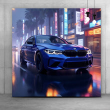 Lade das Bild in den Galerie-Viewer, Aluminiumbild Blauer Sportwagen bei Nacht in der Stadt Quadrat
